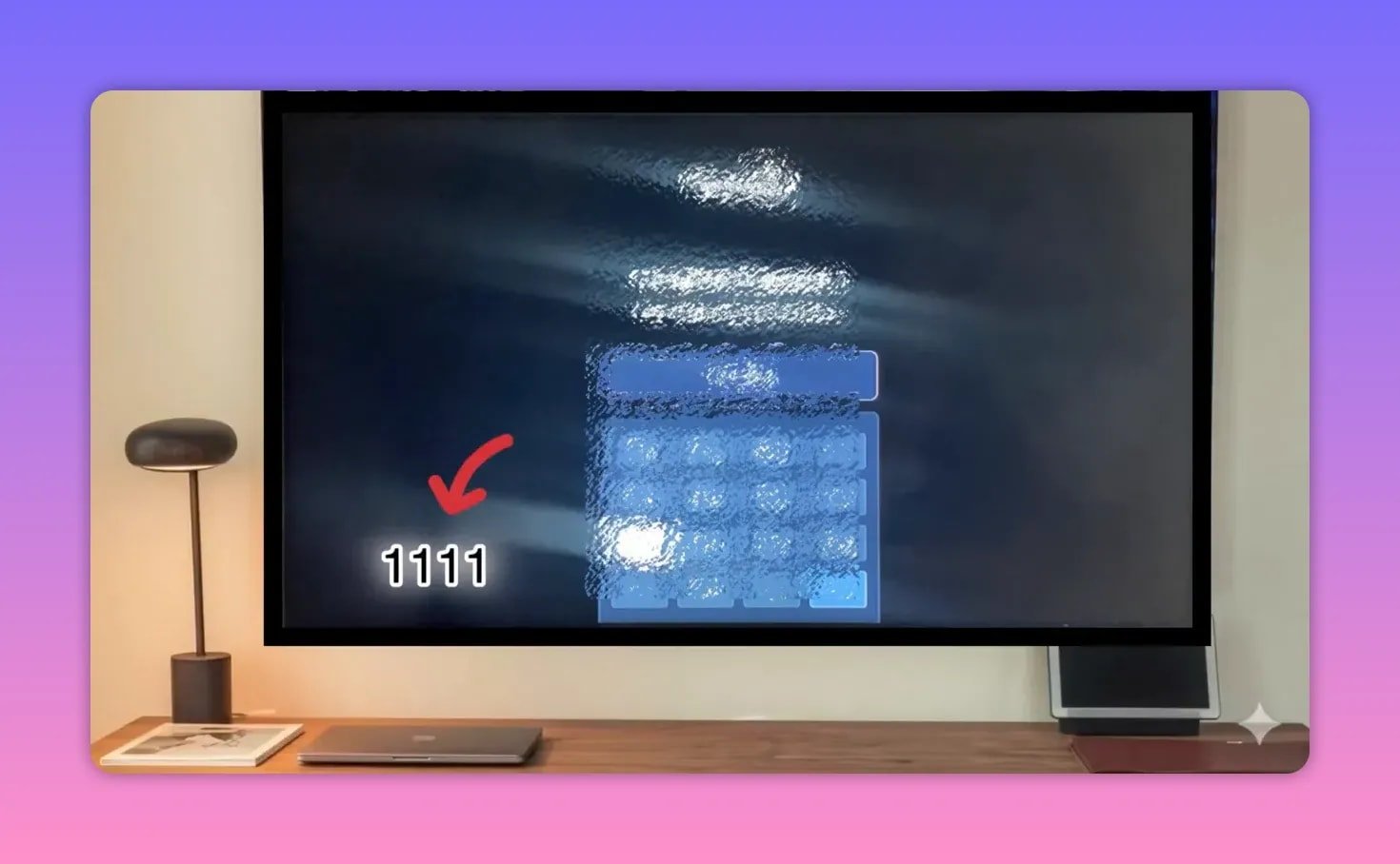 Fernsehbildschirm mit Aktivierungs-Overlay, rotem Pfeil und hervorgehobenem Tippziel