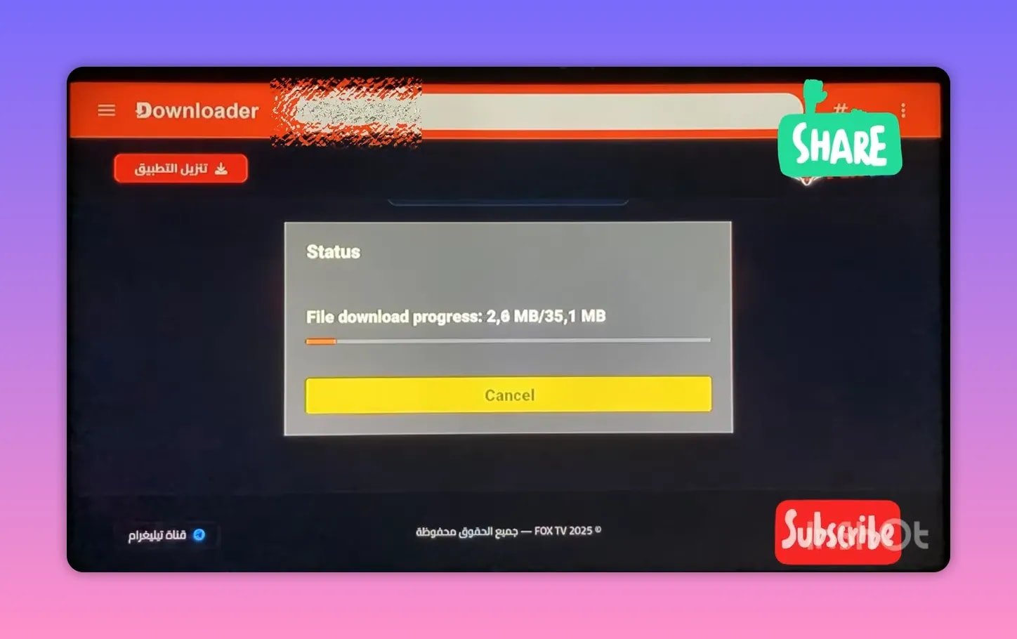 O downloader mostra o progresso do download do arquivo e a opção de cancelar.