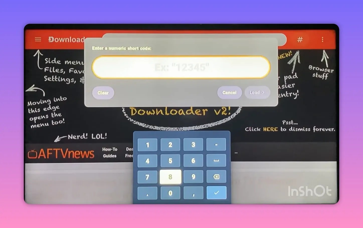 Tela de entrada de código curto numérico do Downloader com teclado numérico