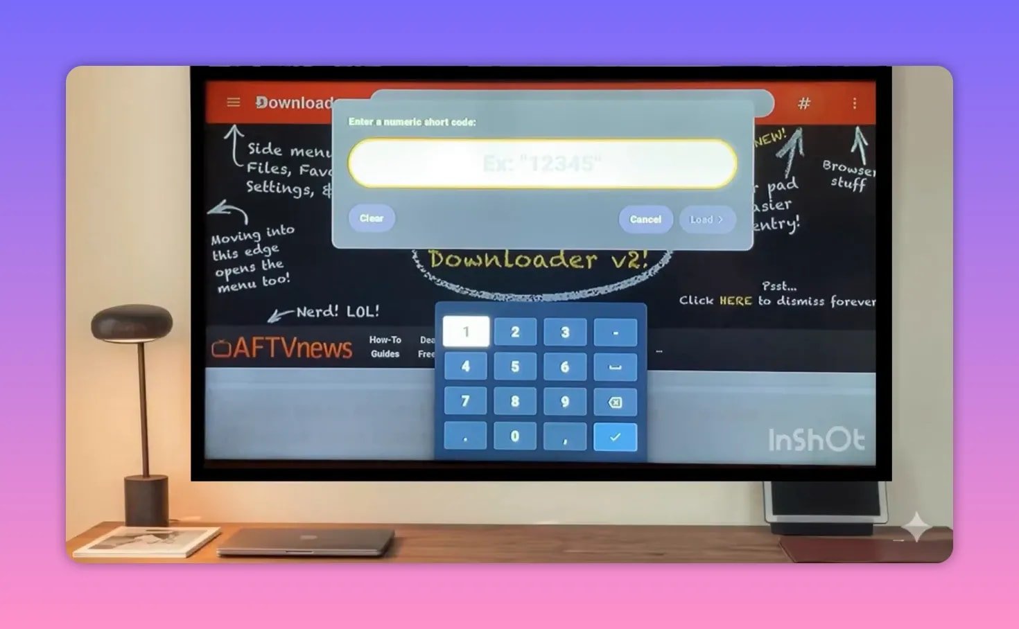 Eingabefeld für den Downloader-Kurzcode mit numerischer Tastatur zur Eingabe auf dem Smart-TV