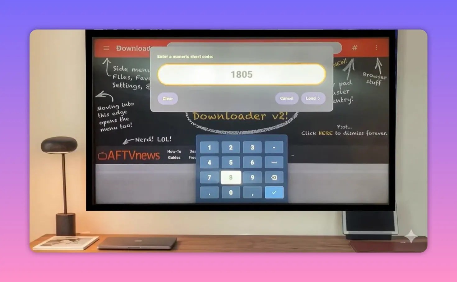 Downloader V2: Numerisches Kurzcodefeld mit Teilcode gefüllt und Tastatur angezeigt