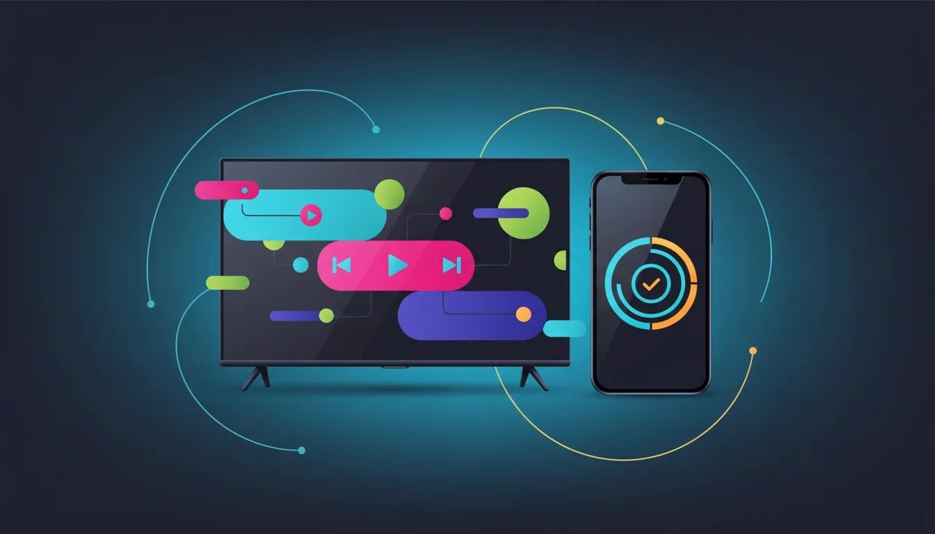 Illustration of installing a professional streaming app on a smart TV and smartphone with fast setup and streaming-quality visuals, no text.