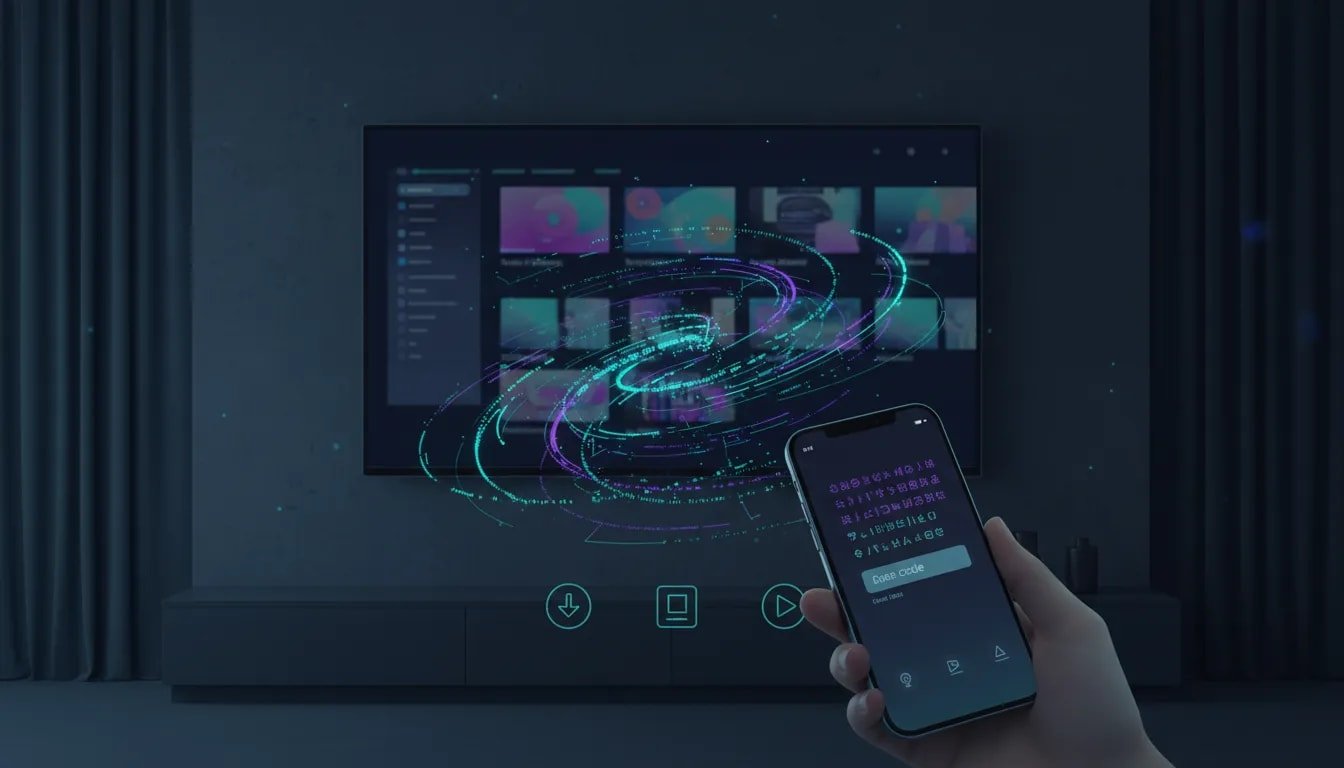 Illustration showing a smartphone and Android TV/Google TV streaming setup connected with a glowing downloader-style code, with abstract install and play icons (no text).