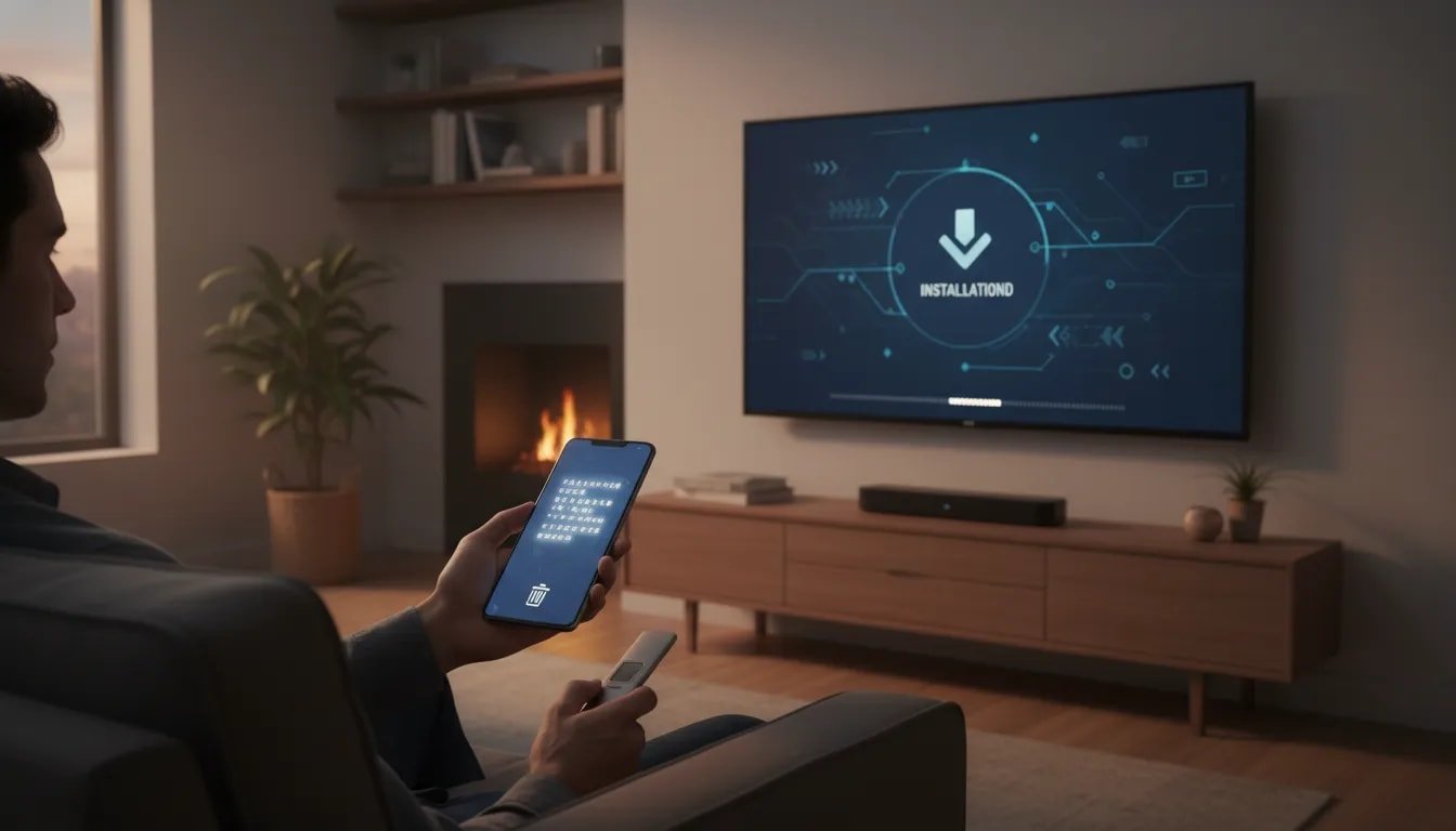 Person installing a streaming app on a smart TV using a smartphone, with activation and cleanup visual cues, no text.