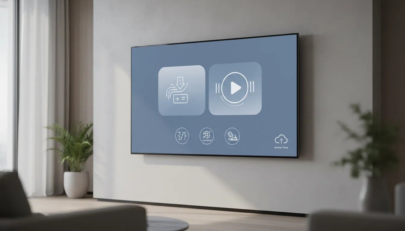 Realistic smart TV in a living room with icon-only visual cues representing installing a streaming app, setting up a video player, and backing up/clearing leftover files—no text shown.