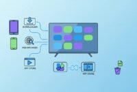 Infographic illustration showing how to install a TV app and required video player on a smart TV using downloader, web browser, or app store pathways, with an icon indicating deletion of leftover APK files