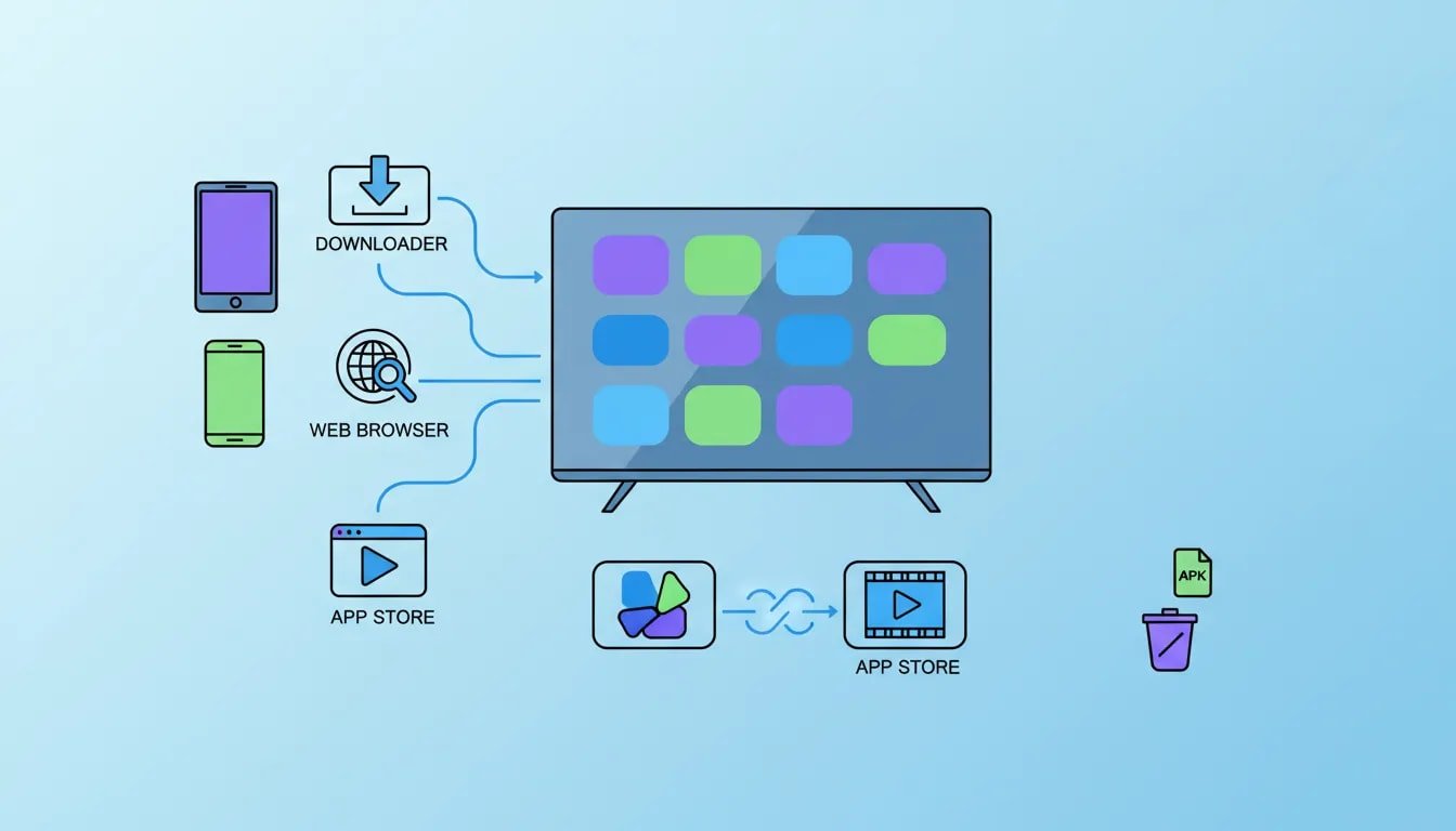 Infographic illustration showing how to install a TV app and required video player on a smart TV using downloader, web browser, or app store pathways, with an icon indicating deletion of leftover APK files