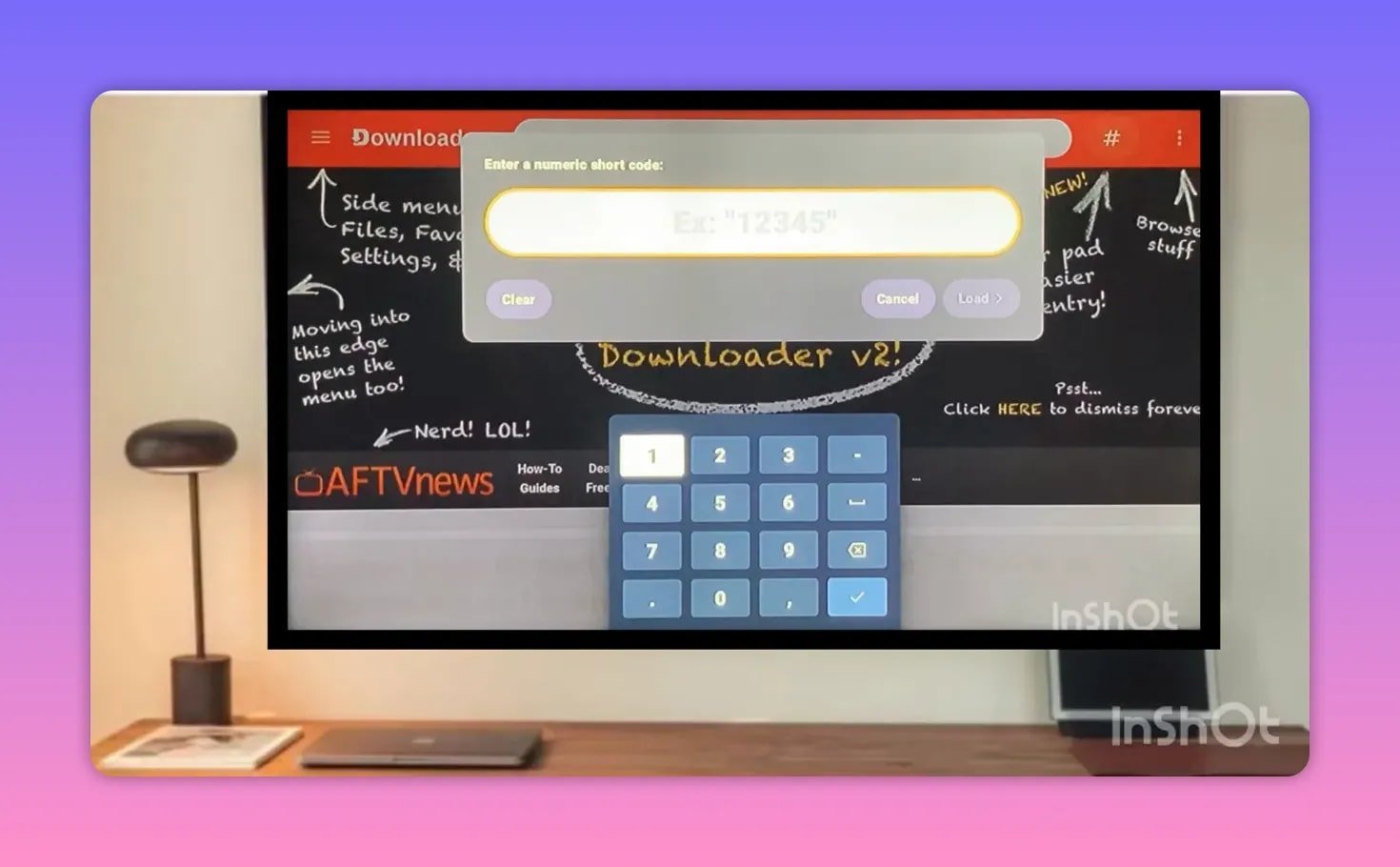 Diálogo de entrada de código de download com teclado numérico no Android TV
