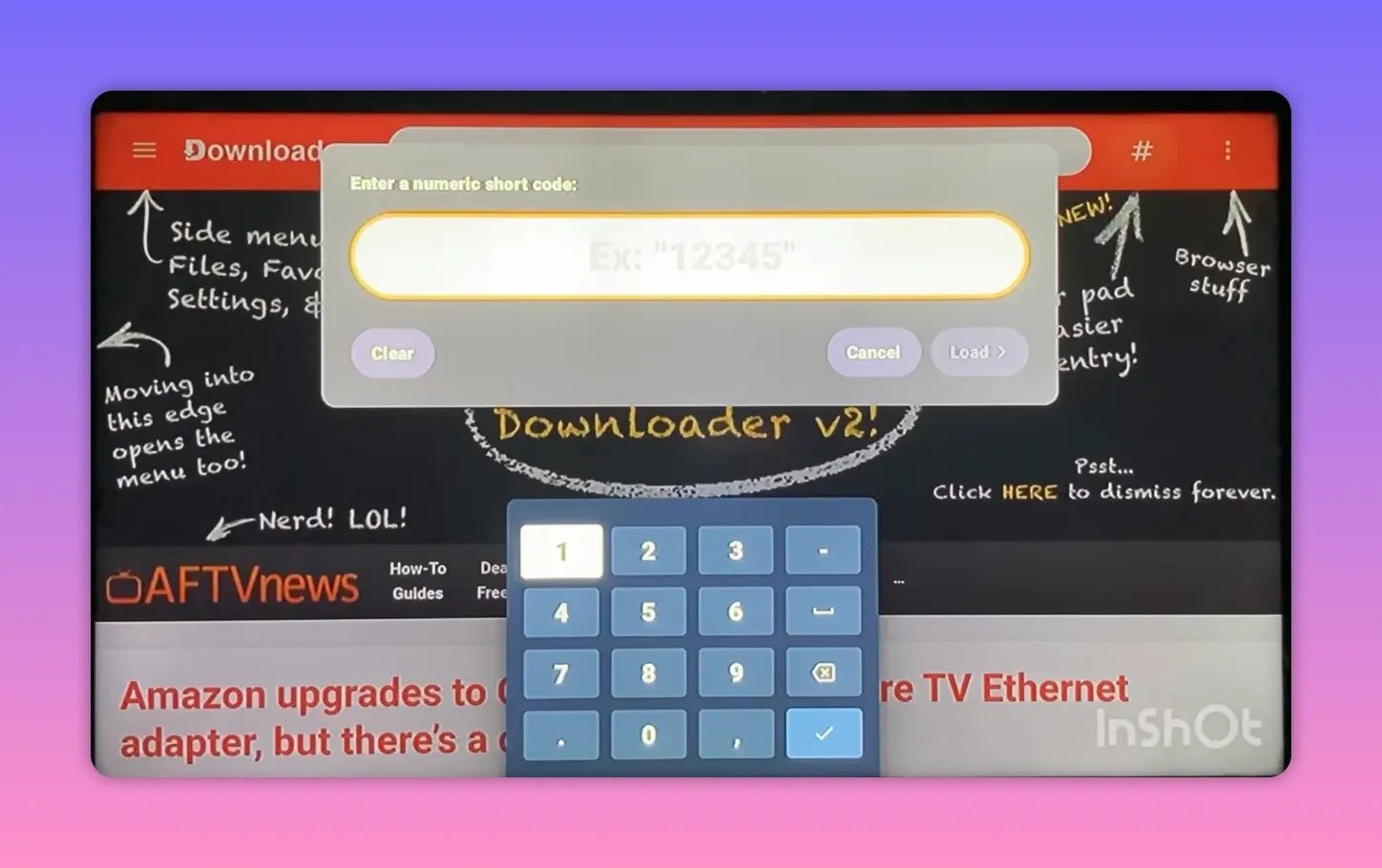 Le téléchargeur saisit un code court numérique dans une boîte de dialogue avec clavier.