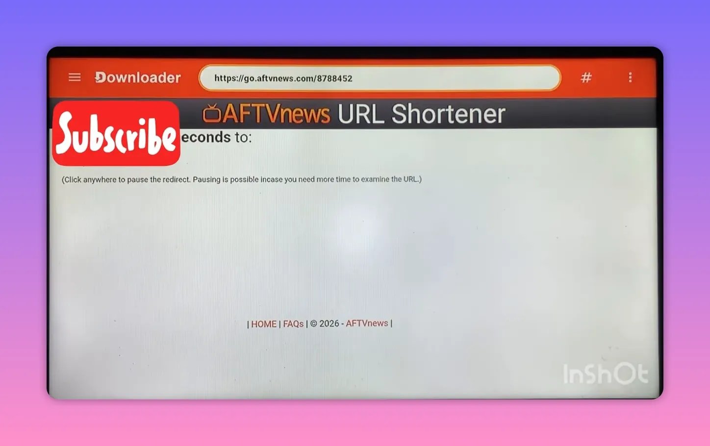 L'application Downloader affiche la page de raccourcissement d'URL AFTVnews après la saisie du code.