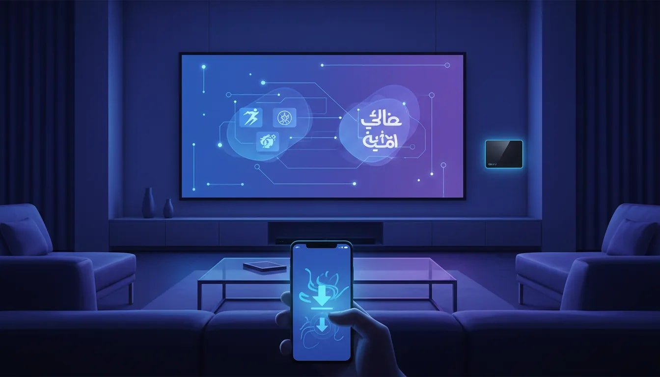 Illustration futuriste d'une smart TV et d'un téléphone avec une interface de streaming abstraite représentant une mise à jour d'application TV, mettant en avant des thèmes sportifs et de contenu arabe sans aucun texte.