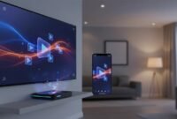 android-tv-app-multi-device-streaming-illustration Illustration of a media app experience flowing across a smart TV, Android TV box, and smartphone with abstract streaming visuals and icon-only elements