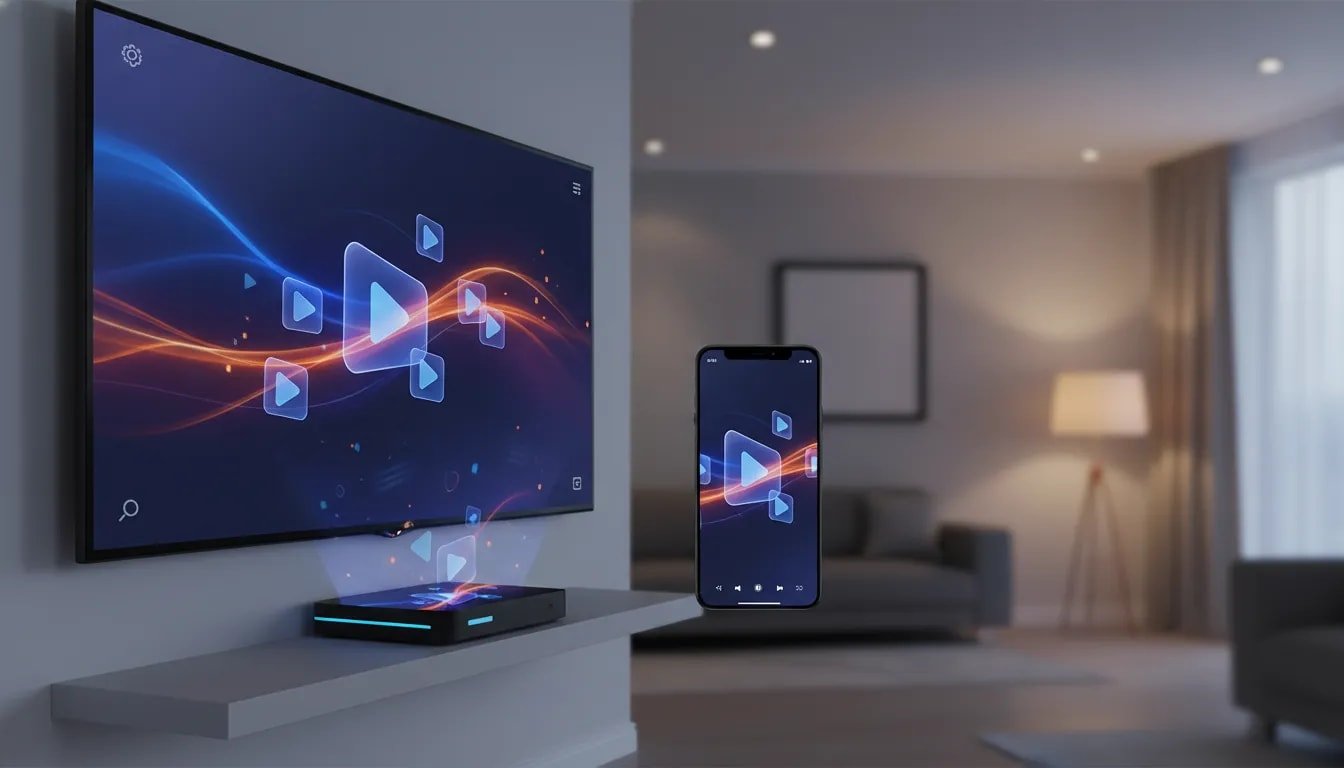 Illustration of a media app experience flowing across a smart TV, Android TV box, and smartphone with abstract streaming visuals and icon-only elements