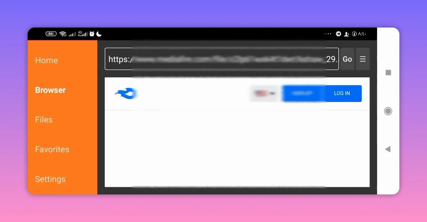 Página do navegador Android TV com um link https e um botão de LOGIN