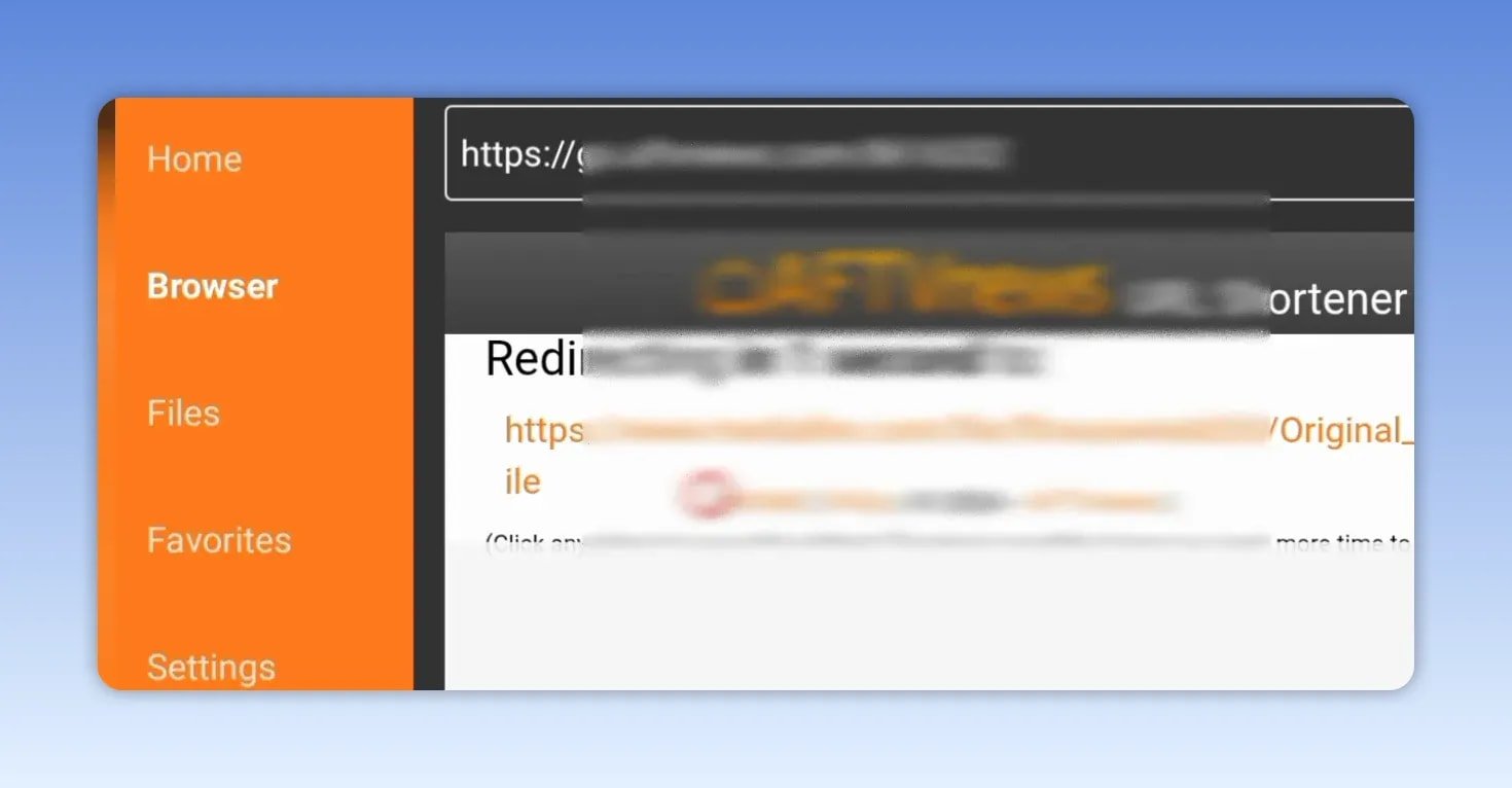 Downloader app screen showing the redirected URL entry area for Original Player installation