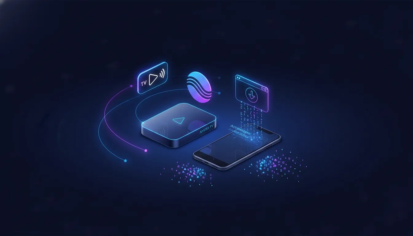 Abstract tech illustration showing Android TV and smartphone streaming activation flow with glowing code-like symbols and a download connection, no text.