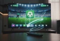 A modern Android TV scene with a flat-screen showing a sports streaming interface, a remote in the foreground, and festive World Cup–style glowing signals and confetti—no text.