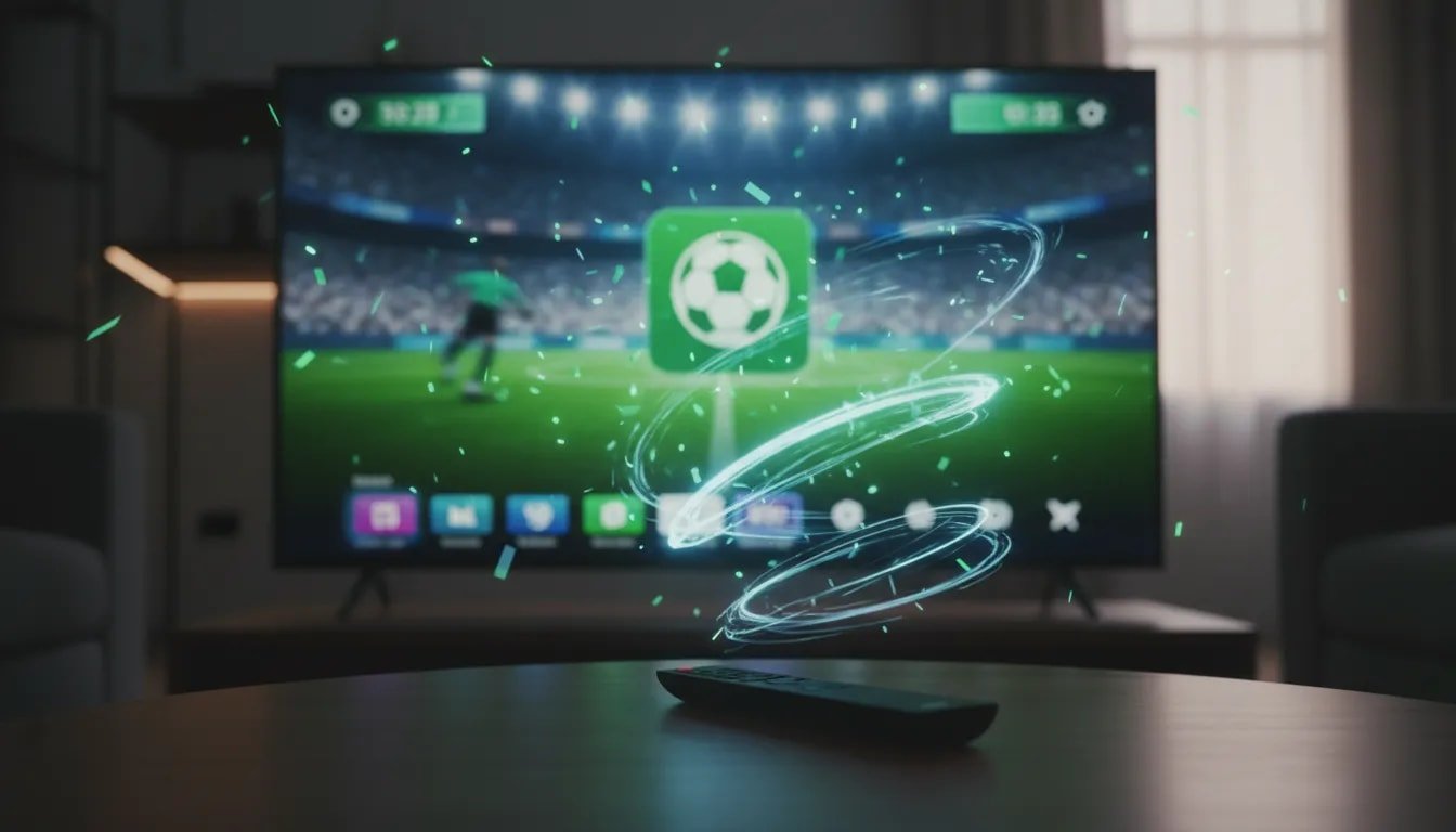 A modern Android TV scene with a flat-screen showing a sports streaming interface, a remote in the foreground, and festive World Cup–style glowing signals and confetti—no text.