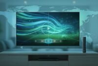 Android TV streaming setup with a soccer-themed abstract sports display, remote, and world football glow, illustrating the Original TV install and player setup concept without any text.