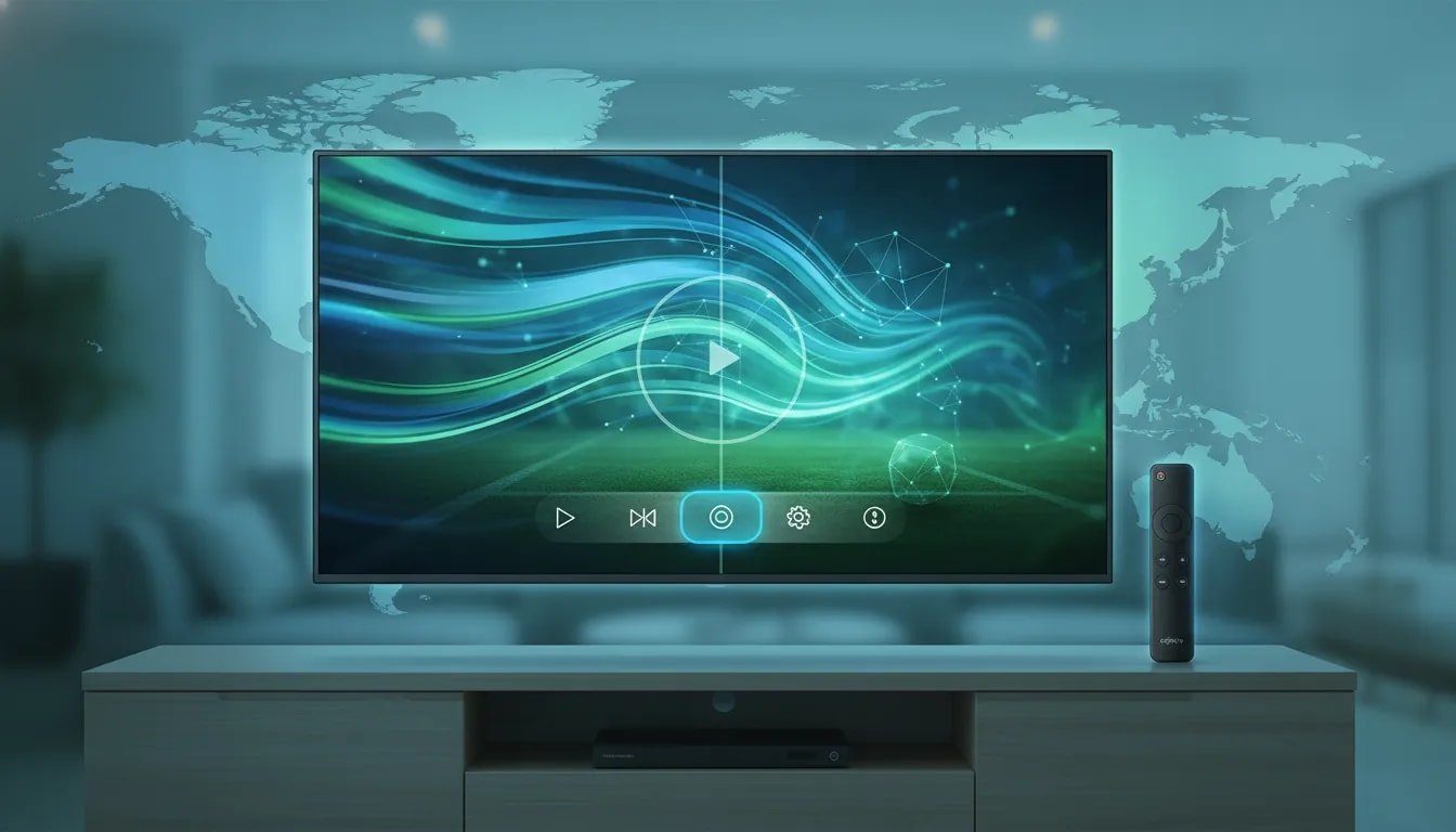 Android TV streaming setup with a soccer-themed abstract sports display, remote, and world football glow, illustrating the Original TV install and player setup concept without any text.