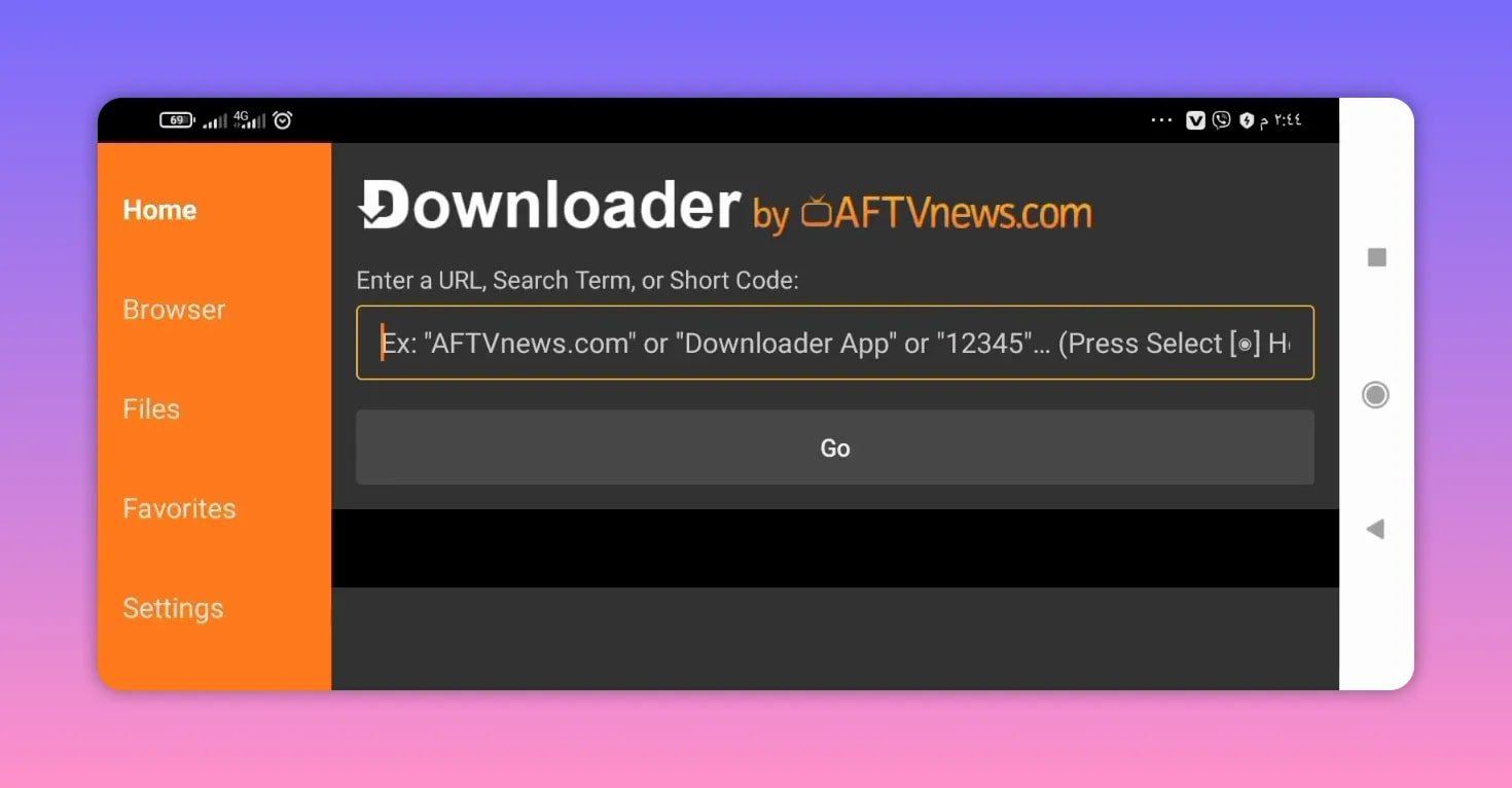 Downloader app screen showing the short code / URL input field