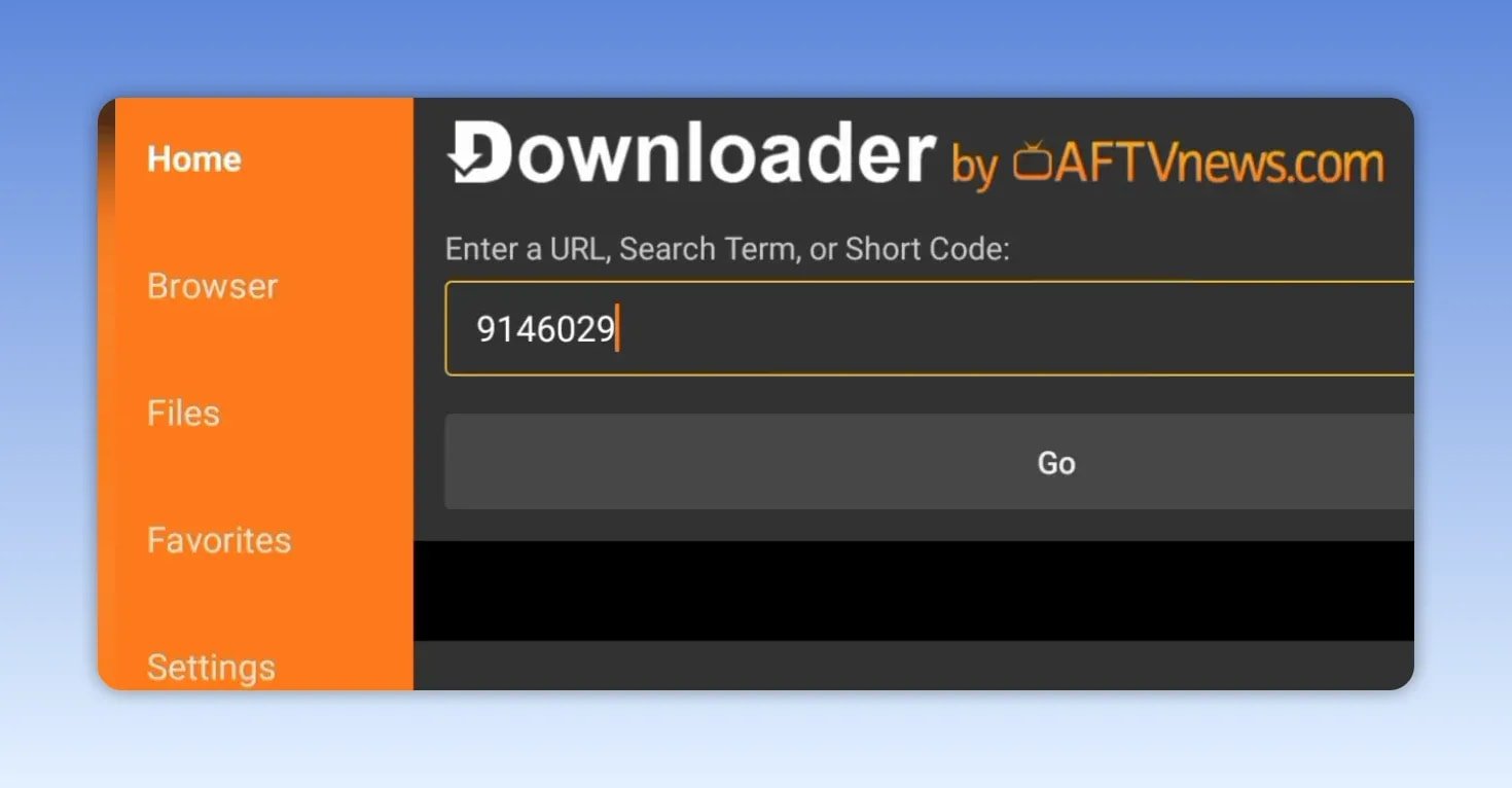 Downloader app screen showing short code 9146029 ready to submit with Go