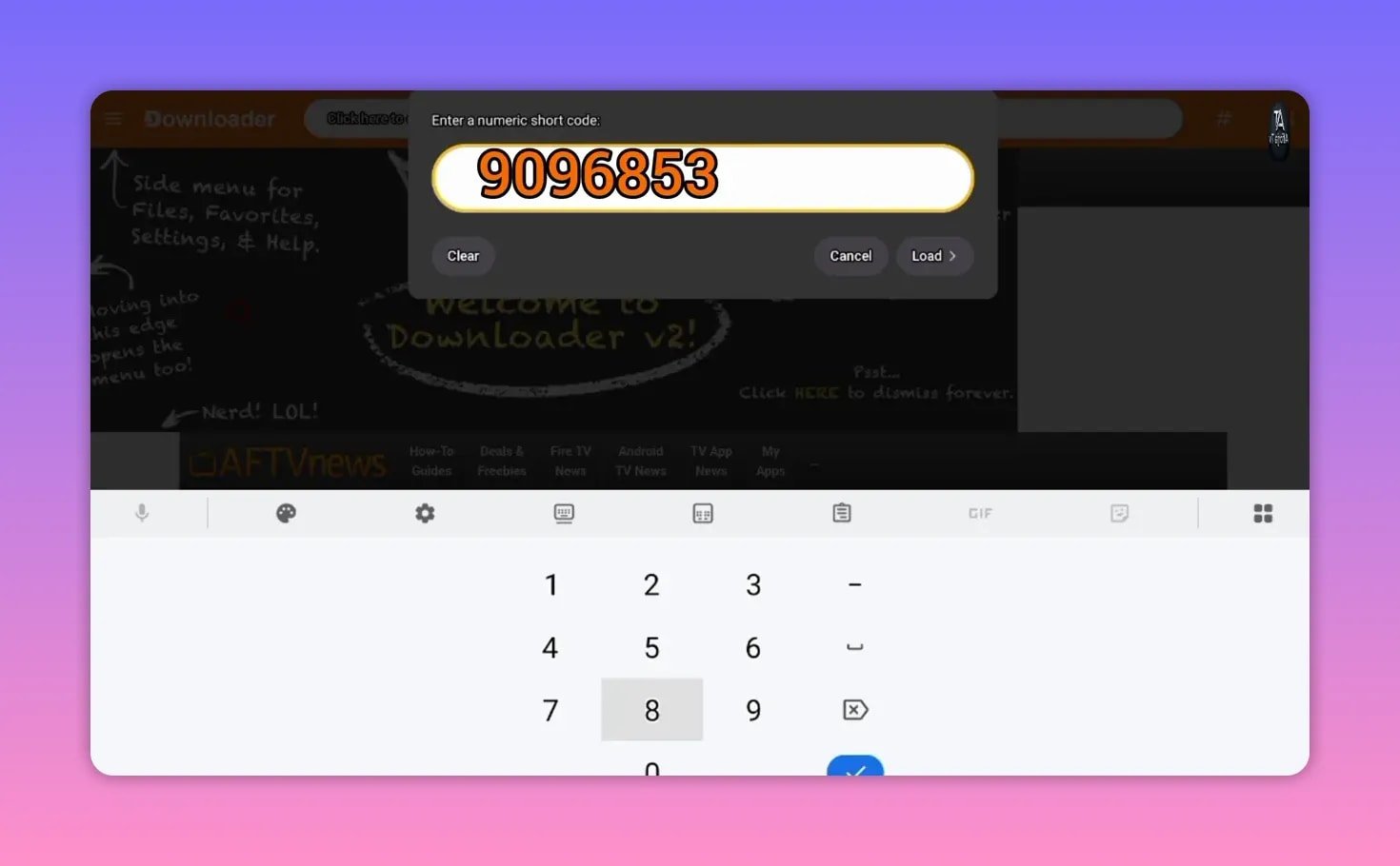 A caixa de diálogo do aplicativo Downloader exibe o código numérico curto para inserir um APK.