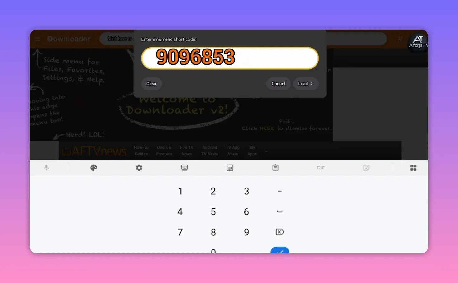 Código curto numérico do programa de download com dígitos inseridos e pronto para carregar.