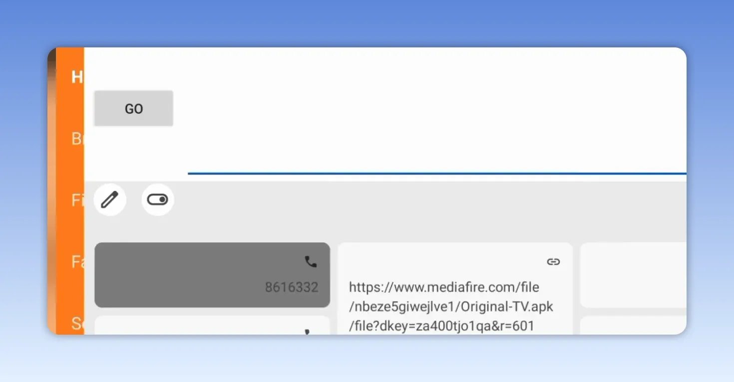 Downloader redirect to a MediaFire APK link showing the Original Player code