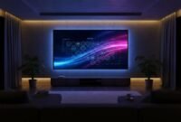 4K streaming Android TV experience depicted on a wall-mounted screen with abstract live-channel visuals in a modern living room