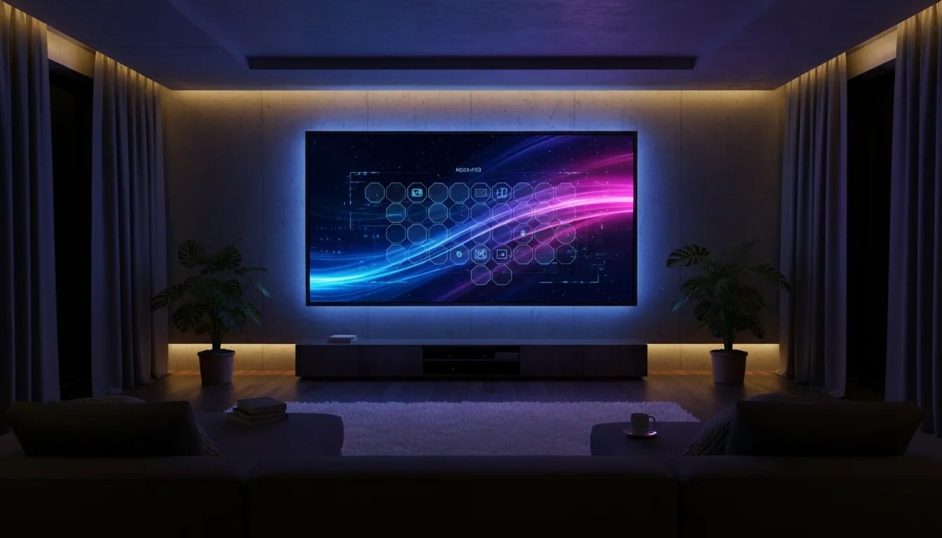 4K streaming Android TV experience depicted on a wall-mounted screen with abstract live-channel visuals in a modern living room