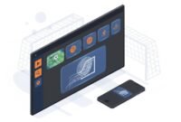 Illustration of a minimalist streaming app on an Android TV and a smartphone with subtle sports icons, showing cross-device compatibility.