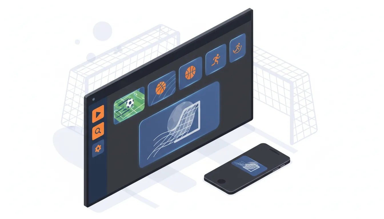 Illustration of a minimalist streaming app on an Android TV and a smartphone with subtle sports icons, showing cross-device compatibility.
