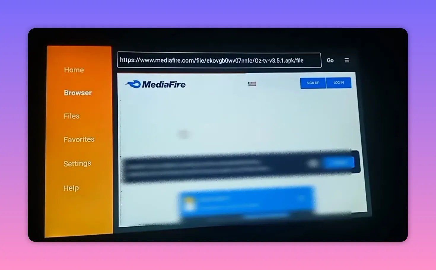 Página de descarga de APK de MediaFire para OZ TV después de ingresar el código del descargador.