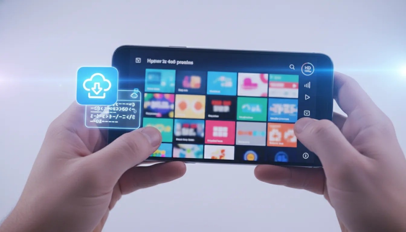 Person streaming high-quality channels on an Android phone with a generic download-and-install concept and no text.