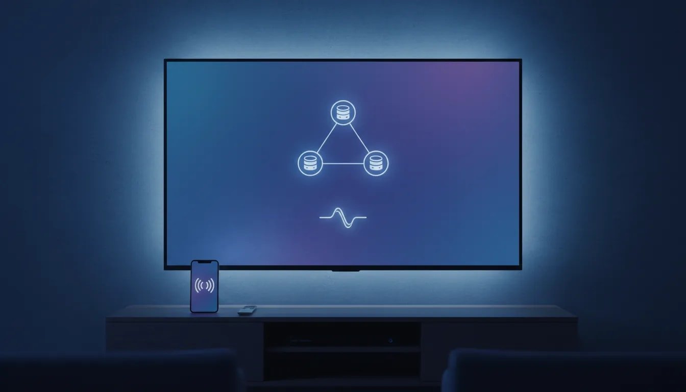 Modern smart TV with abstract streaming interface and multiple server connection icons, suggesting easy setup and smooth streaming for Android TV