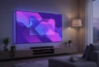 Realistic scene of an Android TV streaming 4K/Full HD video on a living-room television with a purple-themed interface and a remote, with no text visible.