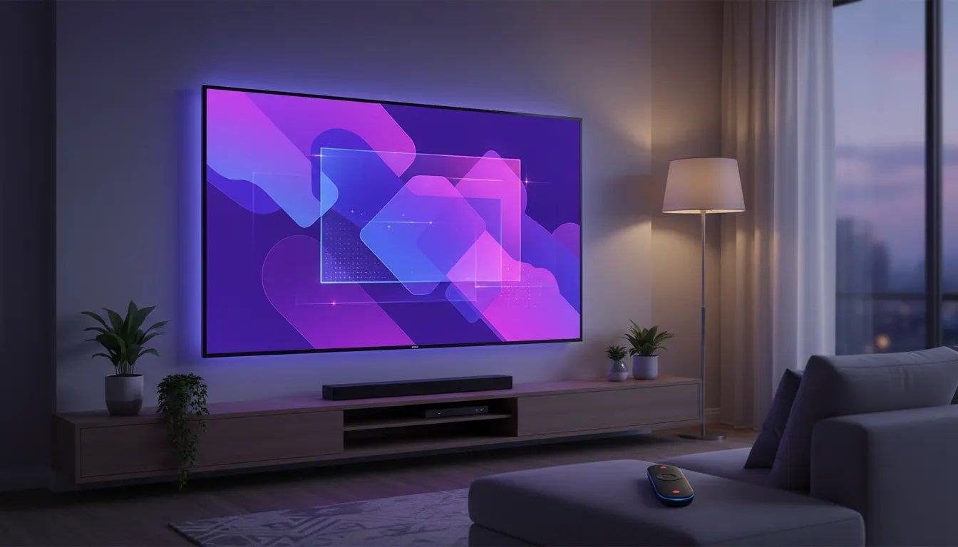 Realistic scene of an Android TV streaming 4K/Full HD video on a living-room television with a purple-themed interface and a remote, with no text visible.