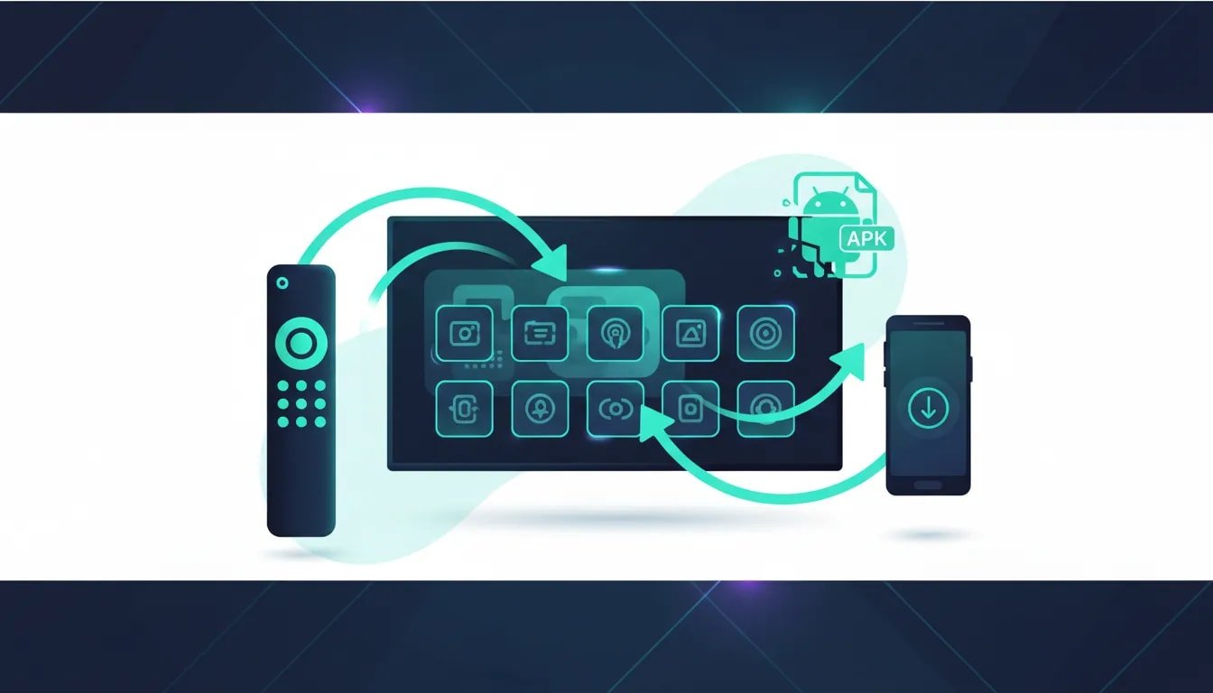 Illustration of Android TV installation process with a smart TV, remote, download flow, and APK icon in a modern tech style