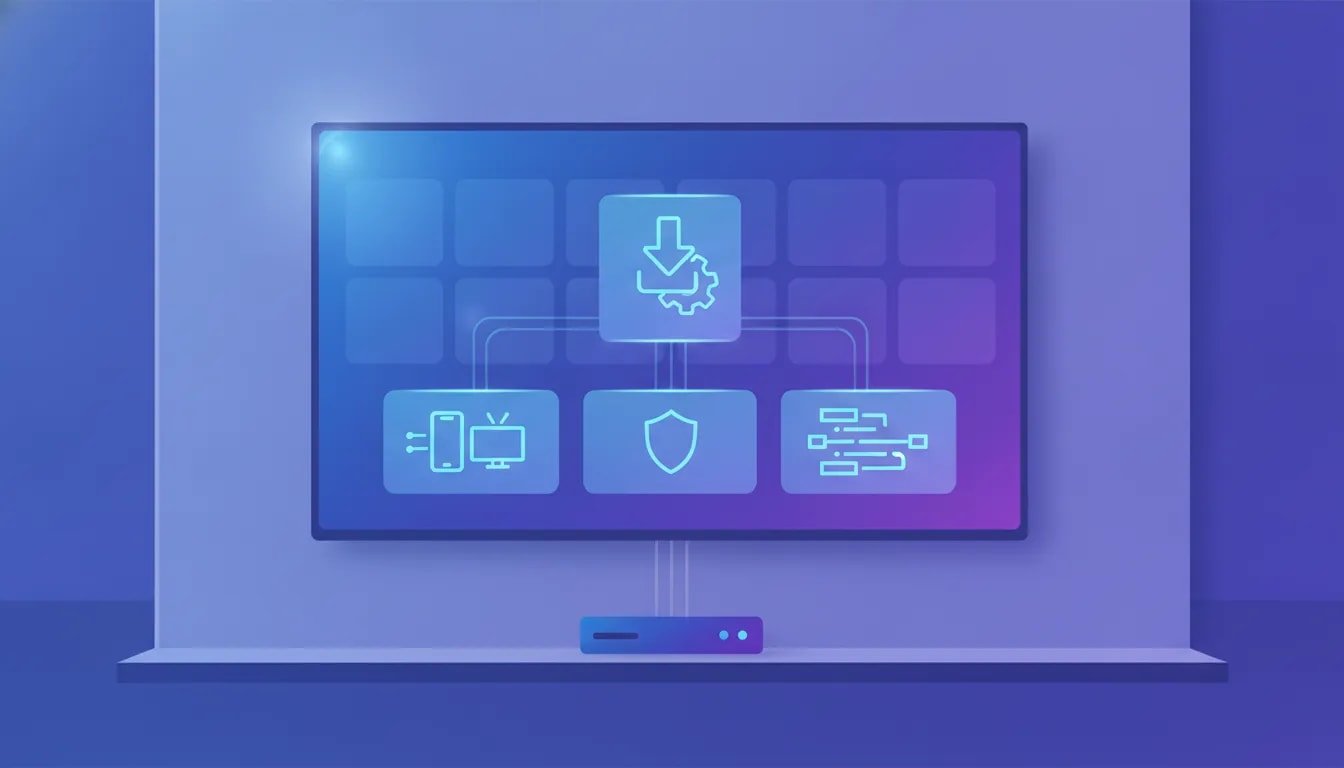 Illustration of an Android TV setup installing an app library using a downloader tool, with secure permissions and step-by-step install guidance concepts shown without any text.