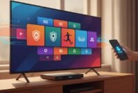 android-tv-live-football-streaming-installation-yacine-tv-gold Illustration of an Android TV streaming setup with a sports live broadcast interface, download and channel tiles icons, and a TV remote showing smooth playback—no text.