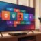 Illustration of an Android TV streaming setup with a sports live broadcast interface, download and channel tiles icons, and a TV remote showing smooth playback—no text.