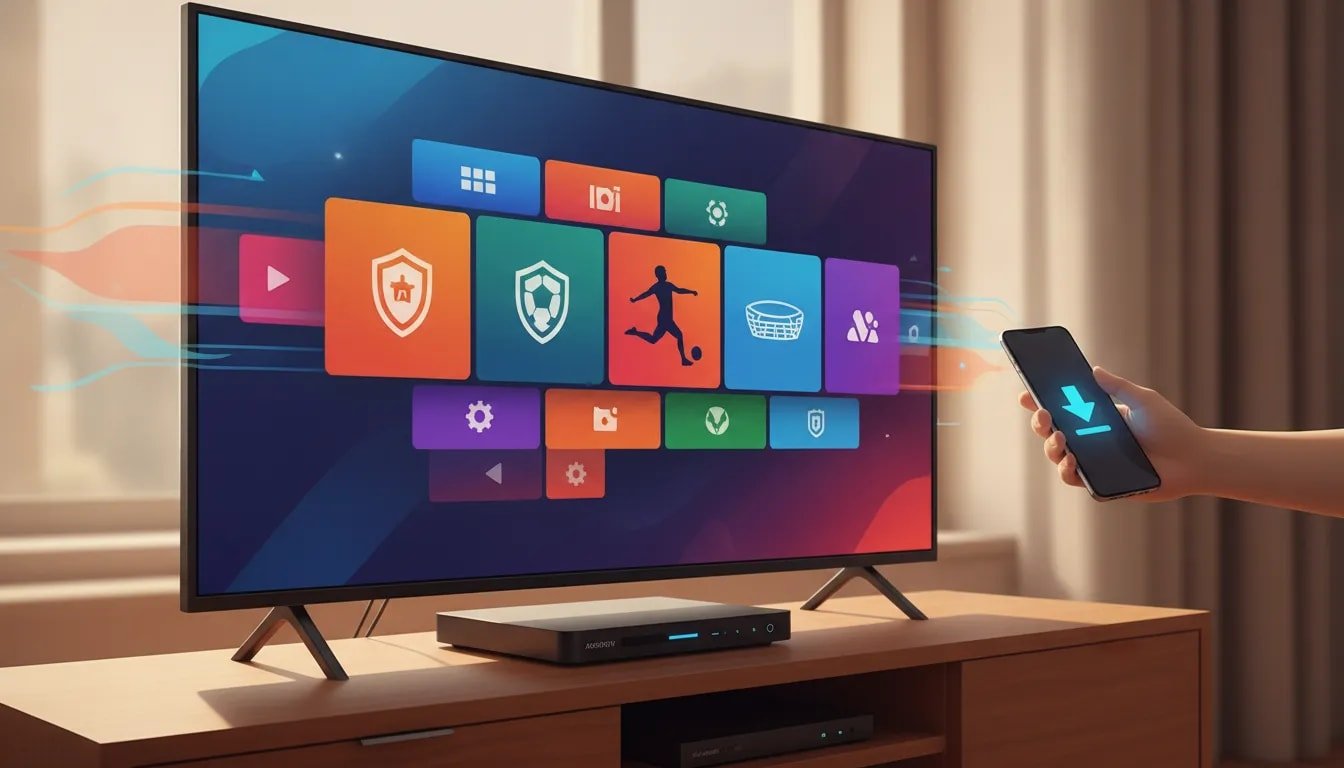 Illustration of an Android TV streaming setup with a sports live broadcast interface, download and channel tiles icons, and a TV remote showing smooth playback—no text.