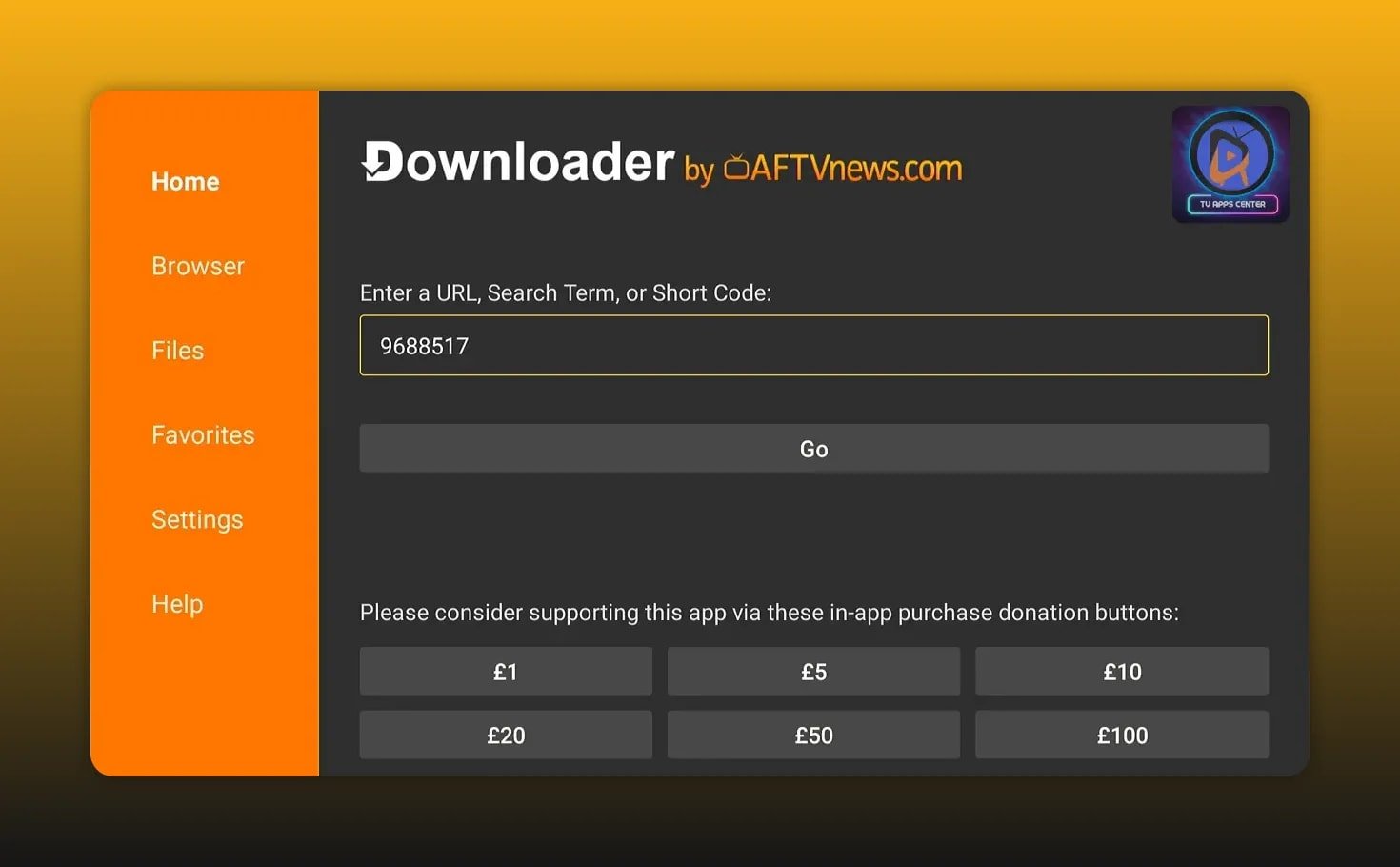 Downloader app with short code 968517 entered in the URL or search field and Go button highlighted