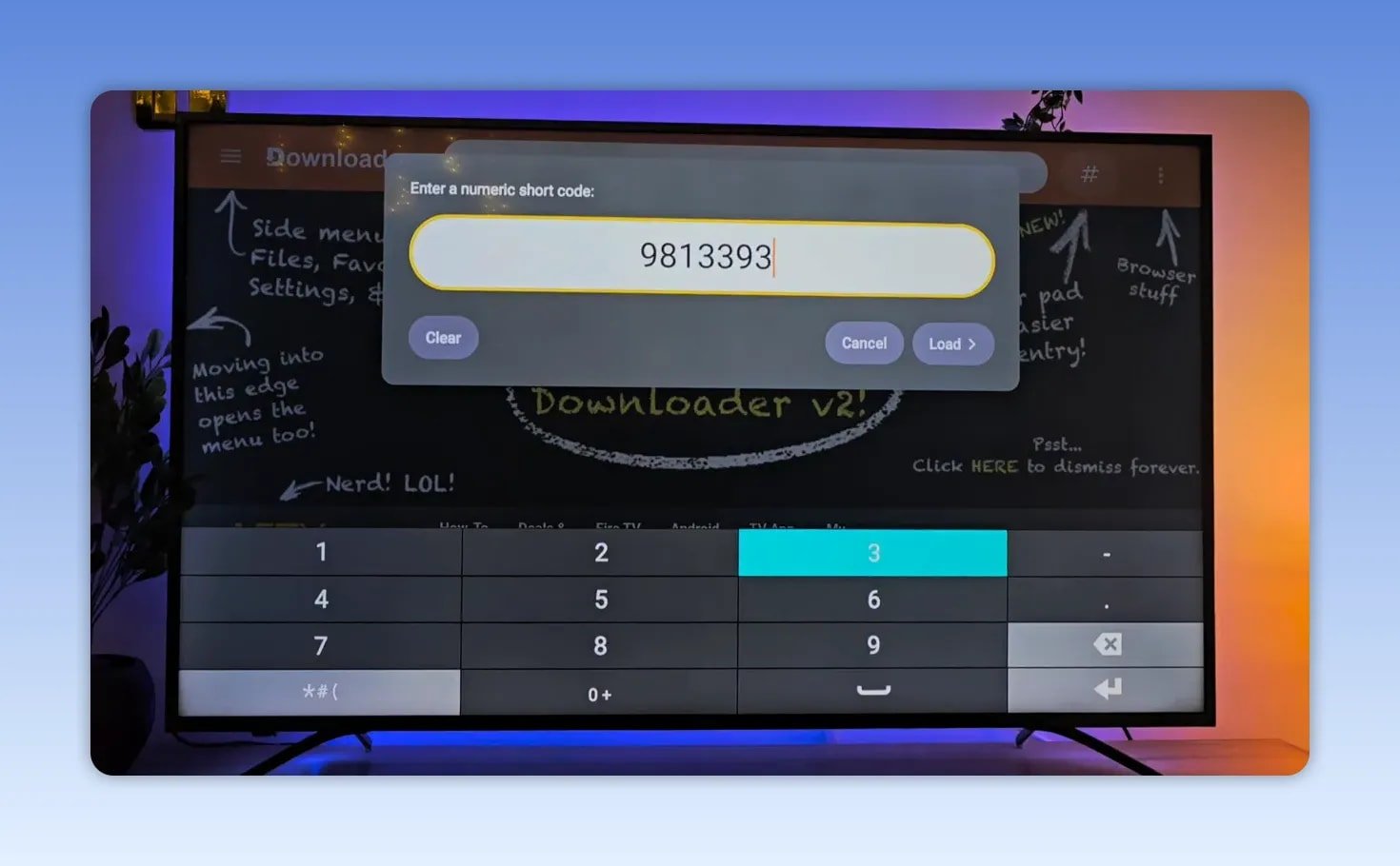 Downloader code entry window with the full numeric code entered and the on screen number pad visible