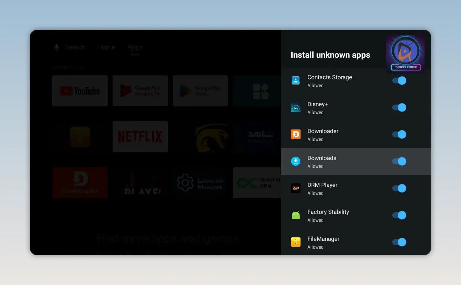 Install unknown apps screen showing Downloader toggle enabled among other apps