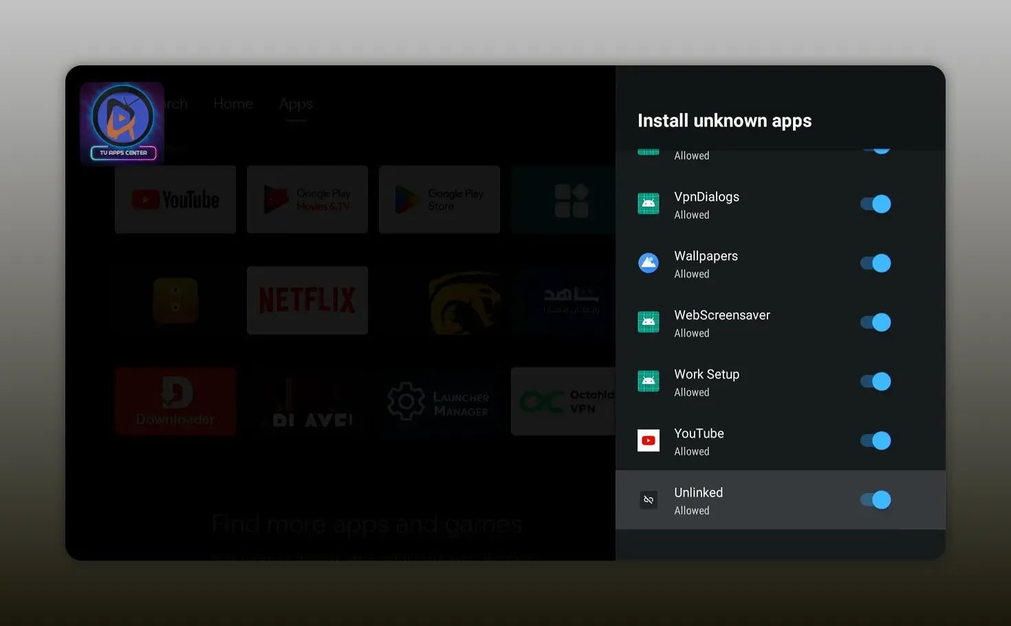 Install unknown apps settings page with Unlinked listed and selected