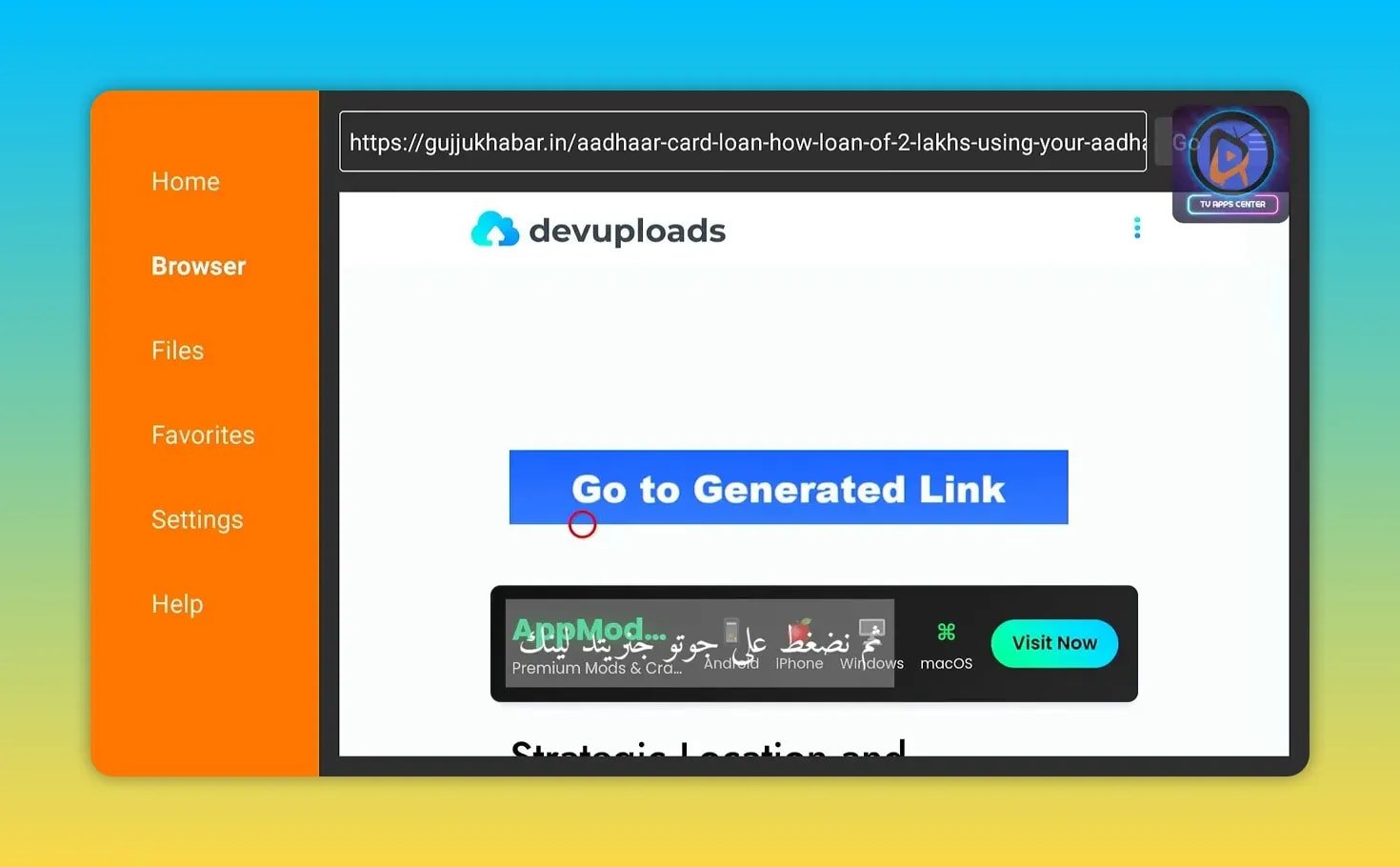 Devuploads page inside Downloader showing a blue Go to Generated Link button
