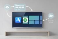 Illustration of a smart TV showing installation of an app and a separate video player, with arrows indicating two methods (Downloader and TV browser) without any text.