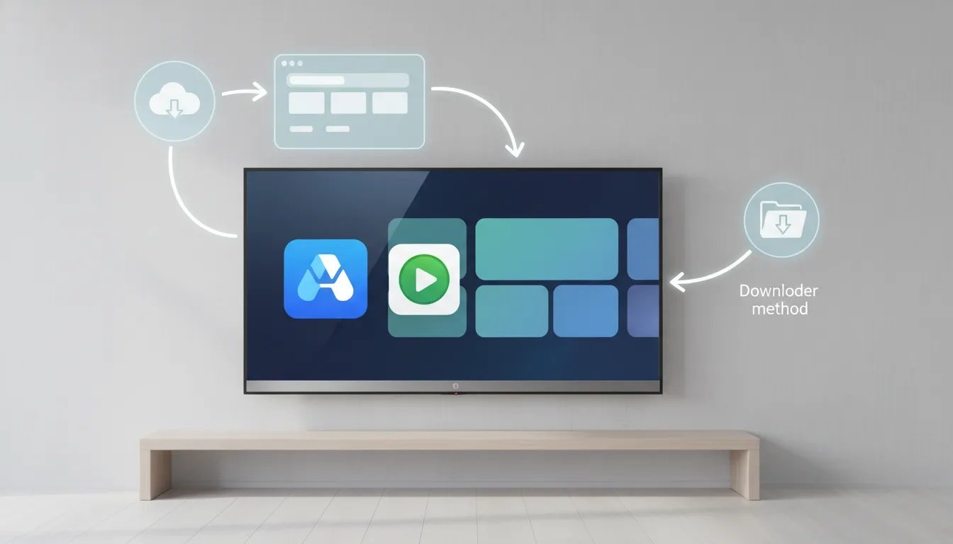 Illustration of a smart TV showing installation of an app and a separate video player, with arrows indicating two methods (Downloader and TV browser) without any text.